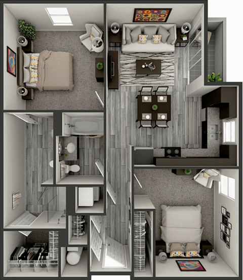 A 3D floor plan of a small apartment with a bedroom, living room, kitchen, and bathroom.
